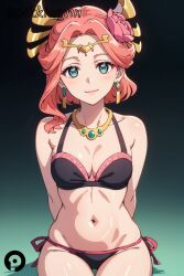 ai_generated bikini black_bikini breasts cleavage earrings female flower green_eyes gyokuyou_(kusuriya_no_hitorigoto) hair_flower hair_ornament jewelry kusuriya_no_hitorigoto looking_at_viewer medium_breasts navel necklace pikkiwynn pink_hair side-tie_bikini_bottom smile solo swimsuit