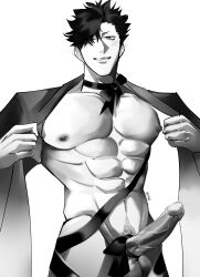 1boy big_balls big_penis blushing_at_viewer clothes_lift erection exposed_nipples exposed_penis exposed_torso grayscale kuroo_tetsurou looking_at_viewer male_penetrating nude_male ribbon ribbon_bondage standing suggestive_look veiny_penis