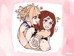 2girls blonde_hair blush brown_eyes brown_hair ear_nibble himiko_toga hugging hugging_from_behind kooni licking_ear multiple_girls my_hero_academia nipple_rub nipples ochako_uraraka puffy_areola puffy_nipples rubbing_nipples shirt_lift sweat sweatdrop yellow_eyes yuri