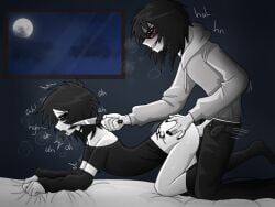 2boys arched_back black_eyes black_hair clothed creepypasta doggy_style emo jeff_the_killer knife male_only oc_x_canon rotten rotten4c self_insert self_upload stockings sweat tattoo twink window