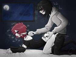 2boys arched_back black_eyes black_hair clothed creepypasta doggy_style emo jeff_the_killer knife male_only oc_x_canon red_hair rotten rotten4c self_insert self_upload stockings sweat tattoo twink window