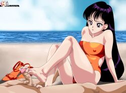 1boy 1boy1girl 1girl1boy 1girls barefoot bikini bishoujo_senshi_sailor_moon black_hair erect_nipples erect_penis erection feet foot_fetish footjob human human_only long_hair one-piece_swimsuit partial_male penis penis_erection penis_grab rankerhen rei_hino sand sea seaside small_breasts soles swimsuit tagme toes uncensored variant