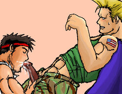 2boys abs arched_back artist_request asian biceps black_hair blonde_hair blue_eyes blush capcom censored closed_eyes clothed_sex cum cum_on_face cum_on_penis fellatio functionally_nude guile headband human interracial male male_only multiple_males muscles oral oral_sex partially_clothed penis penis_grab ryu_(street_fighter) shirt_lift street_fighter sweat tattoo yaoi