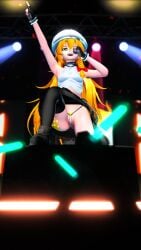 3d 3d_(artwork) alternate_version_at_source alternate_version_available armpits arms_up asawa barely_clothed barely_contained barely_covered blonde_hair braid braided_hair braided_ponytail exhibitionism fingerless_gloves from_below gloves glowstick low-angle_view marisa_kirisame microphone mikumikudance mmd panties performance podium pubic_hair pubic_hair_peek public public_exposure showing_off singing skimpy skimpy_panties skirt string_panties touhou underwear upskirt yellow_eyes