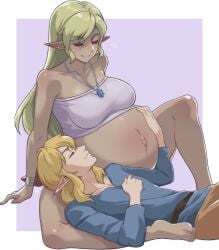 1boy 1boy1girl 1girls artist_request blonde_hair clothing female hylian hylian_ears large_breasts link male necklace nintendo pointy_ears pregnant pregnant_female ready_to_pop sitting tanned_skin tetra the_legend_of_zelda the_wind_waker tubetop voluptuous wind_waker