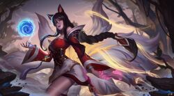 1girls ahri animal_ears artist_signature black_hair braid clouds default_ahri female female_only kumiho league_of_legends long_fingernails long_hair magic multiple_tails outdoors outside riot_games solo tail tails trees unstable_anomaly vines white_fur yellow_eyes