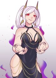 1girls ailheim alternate_costume black_dress breasts cleavage dress female female_only fire_emblem fire_emblem_awakening grey_hair grima_(fire_emblem) human looking_at_viewer medium_breasts modakawa_dress nintendo red_eyes robin_(fire_emblem) robin_(fire_emblem)_(female) solo thighs twintails