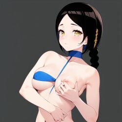 ai_generated arm_under_breasts black_hair breast_grab breast_out breast_squeeze grabbing_own_breast hand_on_breast looking_at_viewer nipple_play shuri swimsuit twintails yellow_eyes