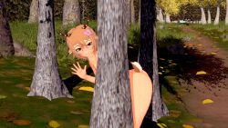 1girls 3d antlers ass behind_tree bow_in_hair cassafrass deer_girl deer_tail female freckles indie_virtual_youtuber koikatsu naked naked_female outside renhentai tree virtual_youtuber vtuber