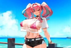 ai_generated azur_lane bremerton_(azur_lane) henrik_n huge_breasts looking_at_viewer novelai pink_hair shorts thiccwithaq_(ai_style) white_shirt