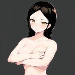 ai_generated angry angry_face arms_crossed_over_breasts big_breasts black_hair looking_at_viewer nude_female shuri twintails yellow_eyes