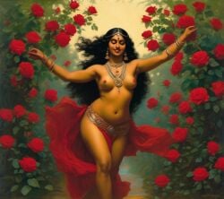 ai_generated belly black_hair bracelet breasts curly_hair curvy dancing dark-skinned_female earrings female flower indian_female lips long_hair medium_breasts navel nipples presenting realistic rose_(flower) smile solo topless william_bouguereau