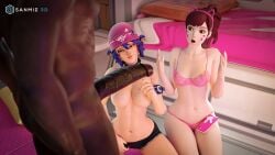 3d antifragile_kira-kira d.va dark-skinned_male dark_skin excited huge_cock interracial kiriko_(overwatch) le_sserafim overwatch overwatch_2 sanmie3d shocked_expression tagme topless underwear