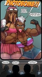 2girls abs annoyed bare_arms bare_shoulders big_breasts brown_hair brynn_thora character_request cleavage clothed clothing color daisy_dukes dark-skinned_female dark_skin english_text female female_focus female_only fishnet_armwear fishnets fit_female flexing flexing_arms flexing_bicep flexing_both_biceps gia_knome glasses_on_head grey_eyes hairband hero_tales hi_res labcoat large_breasts light-skinned_female light_skin long_hair multiple_girls muscles muscular muscular_arms muscular_female muscular_legs muscular_thighs photobomb piercing rabies-t-lagomorph short_hair shorts skirt solo_female tagme text text_bubble thick_thighs thighhighs tongue tongue_out tongue_piercing two_tone_hair white_hair