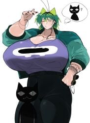 alien_girl ass_bigger_than_head big_ass big_breasts ear_piercing green_hair huge_breasts jeans roach rochi rochi(rrrroch1) rrrroch1 taller_girl tattoo tomboy