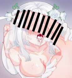 1boy after_fellatio bai_(bai2306628053) bar_censor breasts censored collarbone commentary_request covered_eyes cum cum_in_mouth cum_on_body cum_on_penis cum_on_tongue dikke_(reverse:1999) elbow_gloves female flower from_above gloves hair_flower hair_ornament highres kneeling large_breasts long_hair open_mouth penis penis_grab reverse:1999 rose see-through_clothes see-through_veil solo_focus stirrup_legwear sweat testicles thighhighs toeless_legwear veil veins veiny_penis white_flower white_gloves white_hair white_rose white_thighhighs