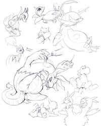 black_and_white crossover deino hydreigon mario_(series) nintendo patrat pokemon pokemon_(species) purplekecleon purrloin samurott servine snivy yoshi zweilous