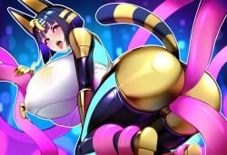 ai_generated animal_crossing ankha ankha_(animal_crossing) bodysuit gigantic_breasts huge_breasts huge_butt icallhermonalisa large_butt metallic metallic_body neon tagme tentacle