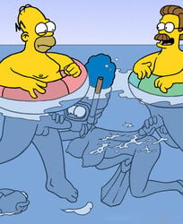 blue_hair color cum day fellatio female hair handjob homer_simpson human humanoid insertion male marge_simpson multiple_males ned_flanders nude oral outdoors penis side_view straight testicles the_simpsons yellow_skin