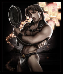 1boy arms_crossed bdsm_outfit body_hair brown_eyes brown_hair bulge castle chainmail_underwear chest_hair crossed_arms disney disney_prince eugene_fitzherbert eyebrow_raise facial_hair fishnet fishnet_underwear flynn_rider frying_pan goatee hairy_arms hairy_chest holding_object human human_only kawena looking_at_viewer male male_chest male_nipples male_only medium_hair muscle muscles muscular muscular_male nipple_piercing nipples pecs pectorals pose posing pubic_hair solo solo_focus solo_male standing tangled underwear underwear_only