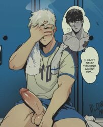 1boy bench big_penis blush english english_text hiding_face locker locker_bench locker_room male male_only shiny_penis shiny_skin sports_uniform text text_bubble thick_penis thick_thighs thought_bubble toumaart uniform yaoi