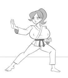 1girls audrey_page big_breasts female female_focus female_only fighting_pose fighting_stance golden_girl greyscale huge_breasts human_female karate karate_gi nipple_bulge ponytail pose samson_00 solo solo_female solo_focus the_developing_adventures_of_golden_girl