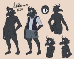 anthro ass avian beak bird black_beak black_body black_eyes black_feathers bottomwear clothing corvid corvus_(genus) crow elfein feathers luke_(elfein) male model_sheet oscine passerine shirt shorts smile solo text topwear