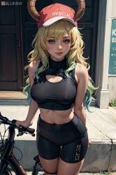 1girls ai_generated baseball_cap bike bike_shorts black_crop_top black_legwear blonde_hair blunny dragon_horns dragon_humanoid female female_only front_view gradient_hair green_hair gym hair_between_eyes hat horns kobayashi-san_chi_no_maidragon light-skinned_female light_skin long_hair looking_at_viewer lucoa lucoa_(maidragon) miss_kobayashi's_dragon_maid multicolored_hair navel quetzalcoatl_(dragon_maid) realistic small_breasts smile solo stable_diffusion standing underboob