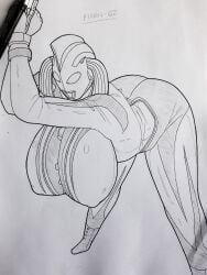 arched_back bent_over kings-gz large_breasts milf mother_of_ultra restrained thick_thighs traditional_art traditional_media_(artwork) ultraman_(franchise) ultrawoman_marie