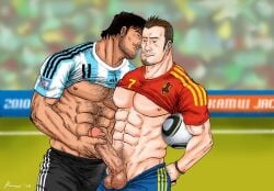 2boys abs argentina athlete athletic athletic_male balls bara flirting football game gay gay_handjob gay_male handjob kamui_jack muscular muscular_male soccer spain