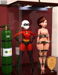 3d bound bound_arms bound_legs brown_hair completely_nude completely_nude_female domino_mask elastigirl helen_parr mannequin nude nude_female the_incredibles thejpeger trophy_case wide_hips