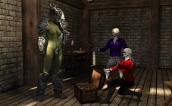 1girls 2boys 3d battlewhore dark-skinned_male dark_skin drow green_skin helmet loincloth orc orc_female original