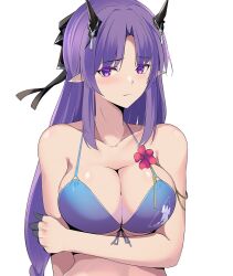 1girls arknights arm_under_breasts bikini black_bow blue_bikini blush bow breasts cleavage closed_mouth collarbone flower front-tie_bikini_top front-tie_top hairbow hibiscus hibiscus_(arknights) hibiscus_the_purifier_(arknights) highres horns large_breasts long_hair looking_at_viewer parted_bangs pointy_ears purple_eyes purple_hair red_flower sidelocks simple_background solo straight_hair string_bikini swimsuit upper_body white_background