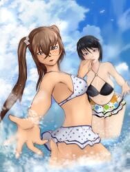 2girls ass_focus beach bikini bikini_top black_hair blue_eyes brown_hair glasses green_eyes highres large_breasts original original_character sfw short_hair small_breasts stickvenezuela swimsuit twintails yuri