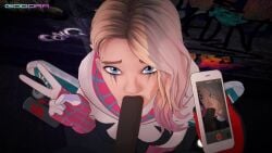 1boy 1girls 3d animated asymmetrical_hair big_penis blender blonde_hair blowjob dark-skinned_male dark_skin giddora gwen_stacy gwen_stacy_(spider-verse) hentaudio interracial light-skinned_female light_skin marvel medium_breasts miles_morales oral oral_sex peace_sign penis phone pov recording running_mascara runny_makeup shoes shoes_removed sneakers sound spider-gwen spider-man:_across_the_spider-verse spider-man:_into_the_spider-verse spider-man_(miles_morales) spider-man_(series) superhero_costume superheroine toes v video vixxenva