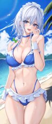 1girls 7saki :d bare_arms bare_shoulders bikini bird blue_bikini blue_choker blue_eyes bow braid breasts choker commentary_request cowboy_shot eyelashes female_only frilled_bikini frills green_bow grey_hair hairbow head_tilt highres human izayoi_sakuya large_breasts long_eyelashes looking_at_viewer maid_headdress medium_hair navel ocean open_mouth outdoors palm_tree sakuya_izayoi seagull smile standing stomach swimsuit thighs touhou tree twin_braids wrist_cuffs