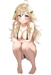 1girls antenna_hair areola_slip areolae bare_legs barefoot black_panties blonde_hair blush breasts cleavage female female_only fire_emblem fire_emblem_fates grey_eyes large_breasts legs long_hair looking_at_viewer micro_bikini nintendo ophelia_(fire_emblem) panties sideboob smile solo squatting tara_(szzj7733) teenager underwear white_background