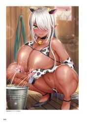 animal_print bell bikini blush bra_slip breasts bucket cow_print cow_print_bikini dark-skinned_female dark_skin derauea elbow_gloves elf female gloves green_eyes hair_over_eyes hand_milking high_heels highres huge_breasts indoors lactation lactation long_hair looking_at_viewer micro_bikini motto!_haramase!_honoo_no_oppai_isekai_chou_ero_succubus_gakuen! navel neck_bell nervous_smile nipple_stimulation nipples one_eye_covered open_mouth pointy_ears print_bikini pussy_juice pussy_juice_drip_through_clothes pussy_juice_puddle qunqun_na_olganite smile sparkle squatting sweat swimsuit white_hair