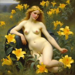 ai_generated belly blonde_hair blue_eyes breasts convenient_censoring curly_hair curvy field flower flower_field flowers_in_hair lips long_hair navel nipples nude presenting realistic small_breasts smile solo sun william_bouguereau