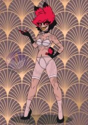 1girls alastor_(hazbin_hotel) black_hair breasts choker deer_ears deer_girl deer_humanoid deer_tail demon demon_girl female female_alastor_(hazbin_hotel) female_only genderswap_(mtf) gloves hand_on_hip hazbin_hotel high_heels lingerie medium_breasts metalbelphegor monocle multicolored_hair navel pinup red_eyes red_hair rule_63 scarred_body see-through_bra see-through_clothing see-through_panties sharp_teeth smile solo solo_female tail white_lingerie yellow_teeth