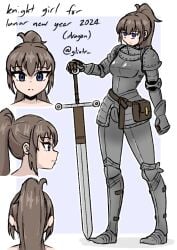 1girls armor blue_eyes breasts brown_hair character_sheet glixtr greatsword knight light_skin medieval medieval_armour pre-transformation reference_sheet sword thick_thighs transformation weapon wide_hips