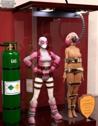 3d bondage bound bound_arms bound_legs completely_nude_female femsub gwen_poole gwenpool mannequin marvel marvel_comics nude nude_female thejpeger trophy_case unconscious unconscious_female