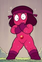 1girls ai_generated alien alien_girl alien_humanoid blush boots cartoon_network embarrassed embarrassed_nude_female female female_only gem_(species) gloves navy_(steven_universe) nude nude_female pussy red_body ruby_(steven_universe) scalieton self_upload steven_universe sweat sweating