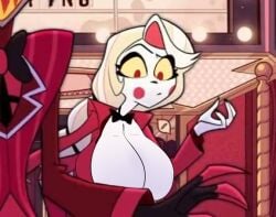 boob_window casual casual_exposure casual_nudity charlie_morningstar_(hazbin_hotel) clothed demon demon_girl edit edited_screencap female hazbin_hotel huge_breasts no_bra public public_exposure screenshot_edit underground_(artist)