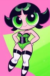 aged_up ai_generated black_and_white_thighhighs black_hair black_shoes buttercup_(powerpuff_girls) corset cuteycaterpillar green_corset green_eyes hands_on_hips looking_at_viewer multicolored_background powerpuff_girls shoes short_hair smug smug_face thighhighs