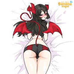 ass back banana_onegai bed blush demon_girl female female_only heart-shaped_pupils heterochromia horns kaorievil tail virtual_youtuber wings_tied