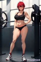 ai_generated aizawa_tomo athletic_female black_sports_bra gym hand_on_waist long_legs looking_at_viewer muscular_arms muscular_female red_eyes red_hair red_stockings short_hair six_pack sports_bikini sports_bra sports_panties sportswear thick_thighs tomboy tomo-chan_wa_onna_no_ko watermark white_sneakers