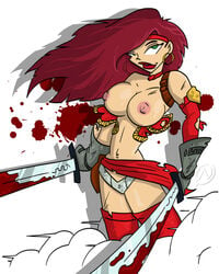 1girls areolae battle_chasers big_breasts big_nipples blood breasts earrings female green_eyes hoop_earrings large_breasts nipples operative_274 phillipthe2 red_hair red_monika solo wardrobe_malfunction white_background