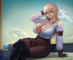 1girls 2020s 2024 2d 2d_(artwork) belt big_breasts blonde_hair blonde_hair boots breasts cleavage cleavage_window clothing elf elf_ears female female female_focus female_only fully_clothed gloves hi_res highres hips hourglass_figure knee_boots large_breasts light-skinned_female light_skin long_ears long_hair necklace nextoad solo solo_female solo_focus wide_hips yellow_eyes