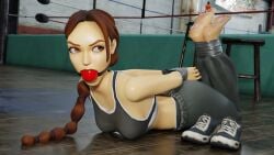 1girls 3d ball_gag blender bondage braided_ponytail clothed feet female female_focus female_only gag gagged gym gym_clothing hogtie lara_croft lara_croft_(classic) soles theblendertaper tomb_raider tomb_raider_(classic) tomb_raider_remastered